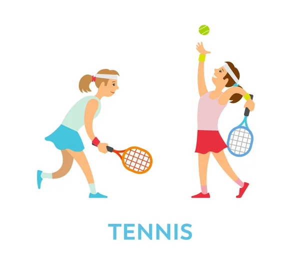 テニス選手、ベクトルを一緒にプレイする女子チーム — ストックベクタ