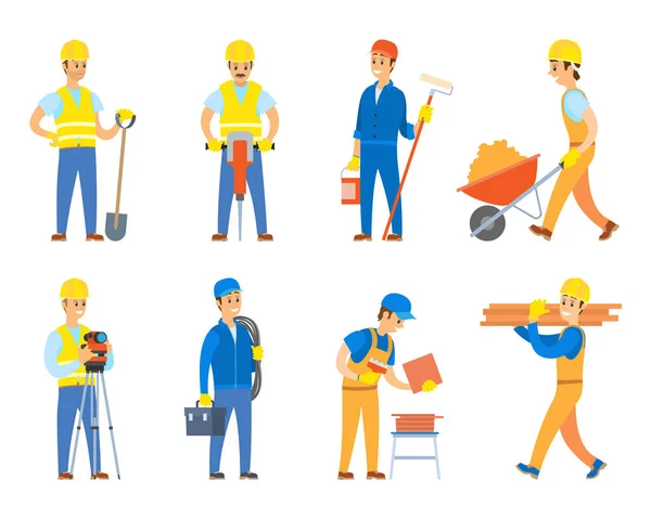 Worker with Tools and Instrument for Work Set — Stock Vector