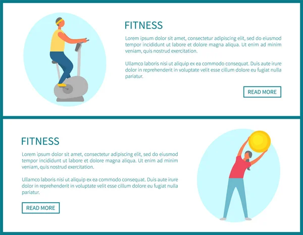 Ejercicios de fitness sitio web, personas con juego de bolas — Vector de stock