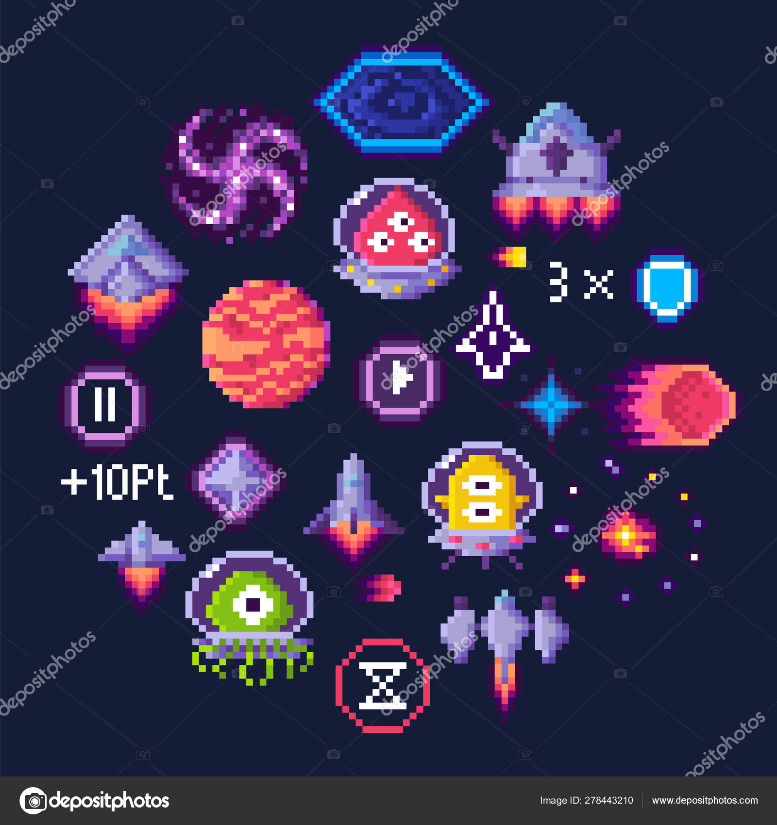 Conjunto De Elementos De Pixel Art Para O Jogo De Guerra Espacial. Planetas  De Pixel, Naves Espaciais, Alienígenas, Astronauta, Fogo Etc. Ilustração  Vetorial Para Jogos Em Estilo Retro. Royalty Free SVG, Cliparts