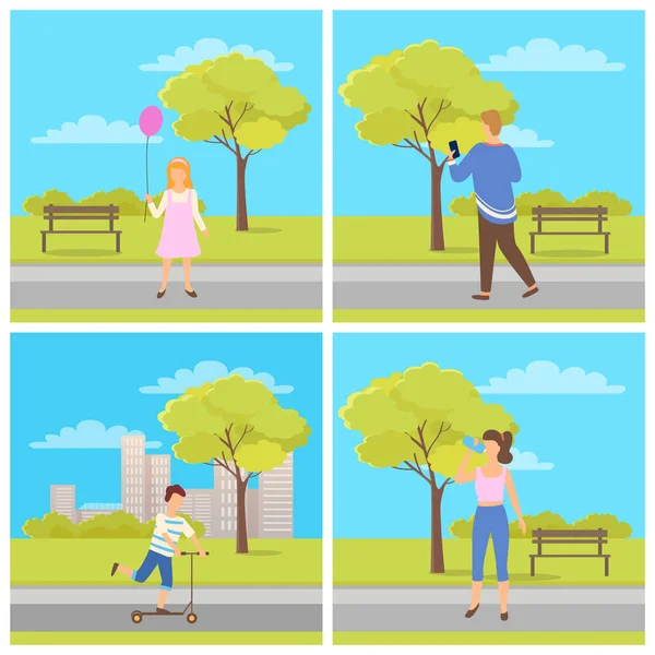 Actividad en Parque, Hombre y Mujer Vector Exterior — Vector de stock