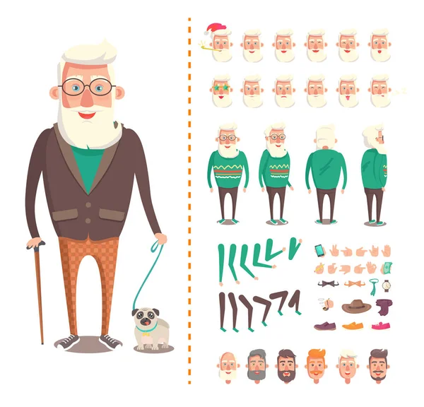 Old Man Constructor, Grandparent with Toy Dog — Stock Vector