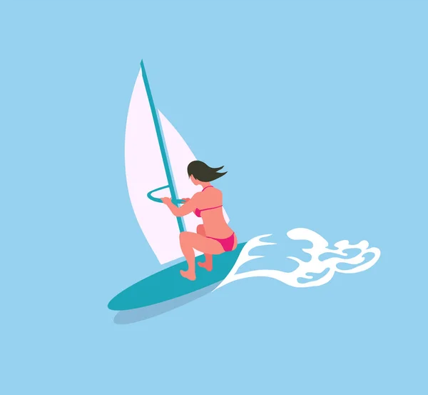Femme Natation sur planche de surf avec toile, Mer Bleue — Image vectorielle