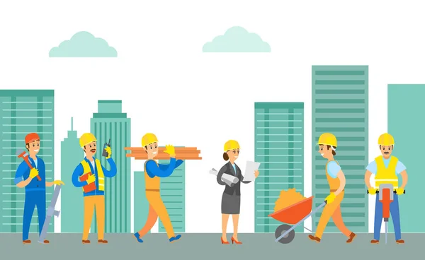 Trabajadores, constructores con herramientas y materiales — Vector de stock