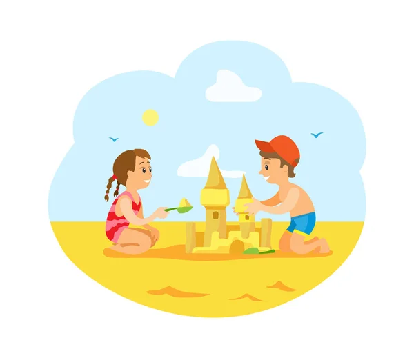 Enfants assis sur le château chaud de bâtiment de sable sur la plage — Image vectorielle