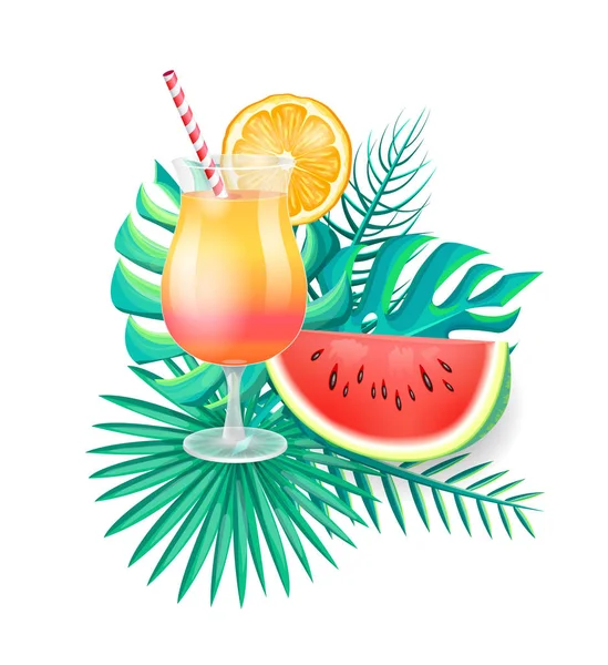 Cocktail mit Stroh. oange sice Dekor Wassermelone — Stockvektor