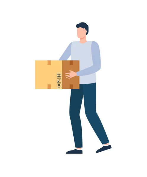 Delivery of Parcel, Courier Holding Box Vector — Stock Vector