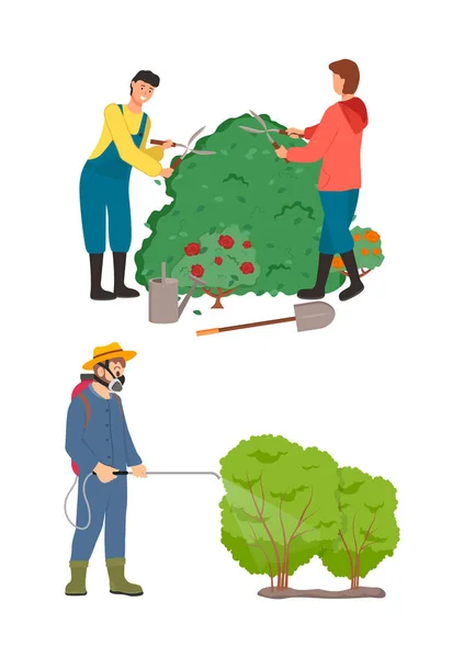 Rolnictwo ludzie opiekuńczy ogród krzewy kształt wektor — Wektor stockowy