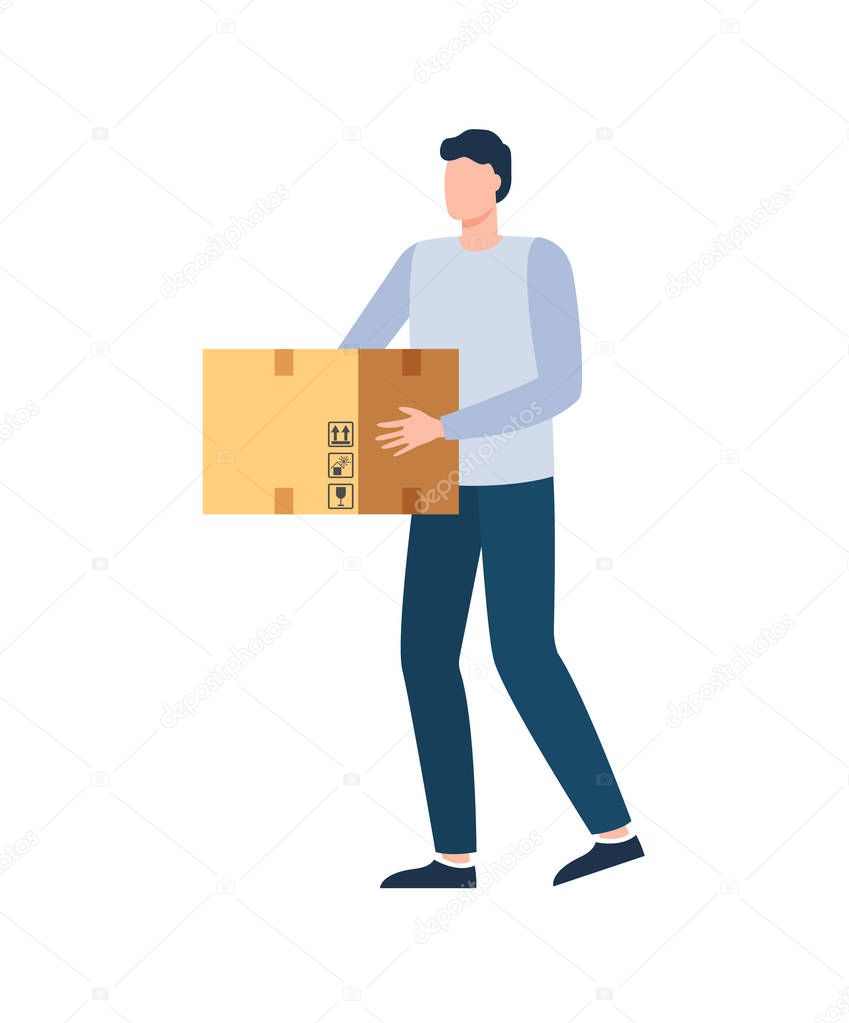 Delivery of Parcel, Courier Holding Box Vector