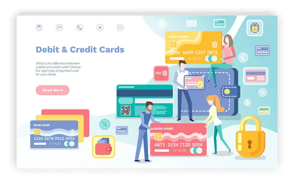 Kreditní a debetní karty na stránkách banky — Stockový vektor
