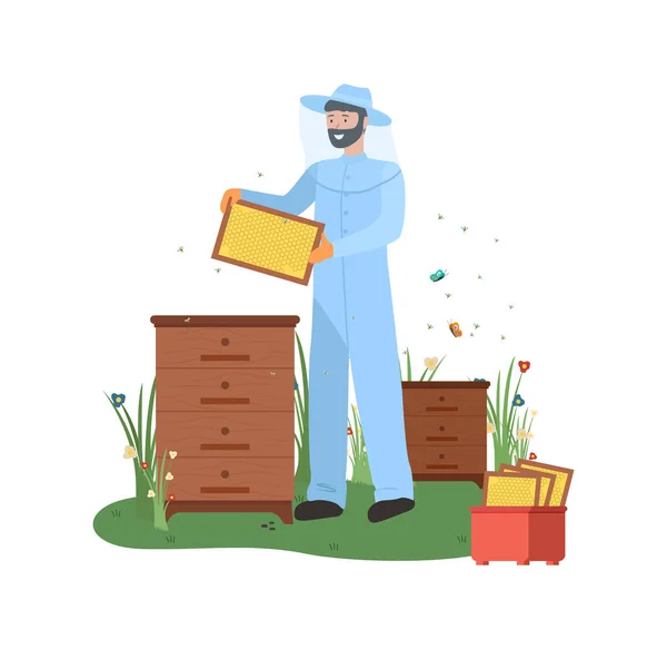 ベスコロニーとボックスアピアリストベクトルを持つ養蜂家 — ストックベクタ