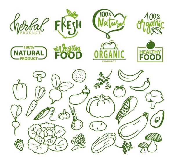 Alimenti e ingredienti naturali, logo e verdure — Vettoriale Stock