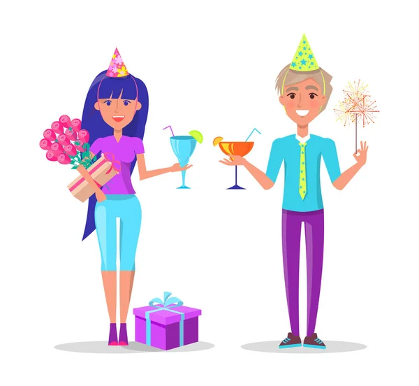 Celebración del hombre y la mujer Cumpleaños, Cajas de regalo — Vector de stock