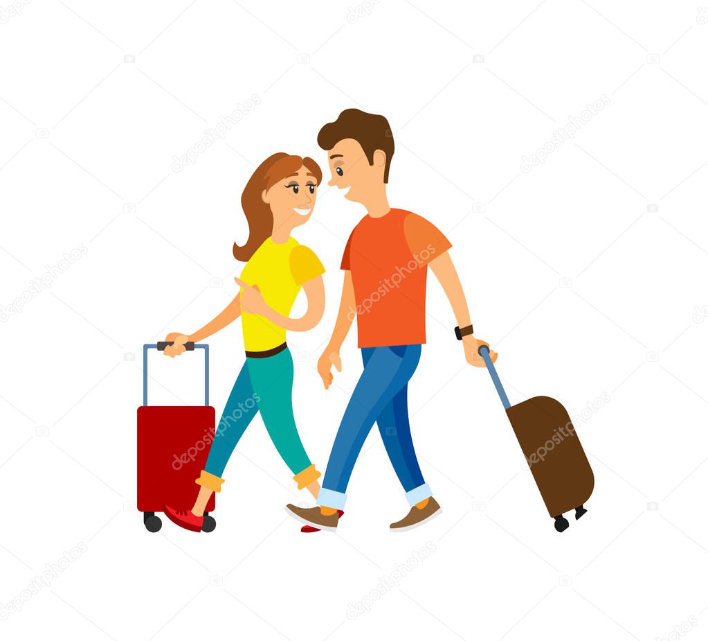 People Traveling, Man Woman with Luggage Walking