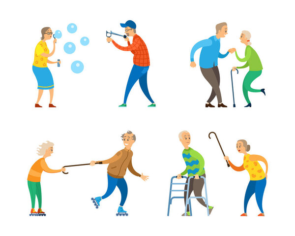 Деятельность пенсионеров, вектор старика и женщины
