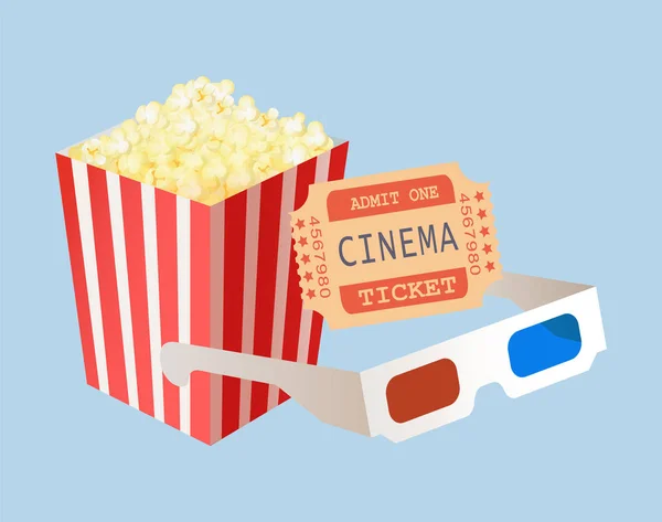 Bioscoopkaartjes, pakket popcorn en glazen — Stockvector