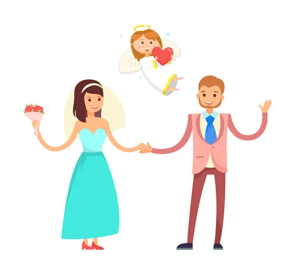 Wedding Couple and Cupid Angel, Bride and Groom — Stock Vector