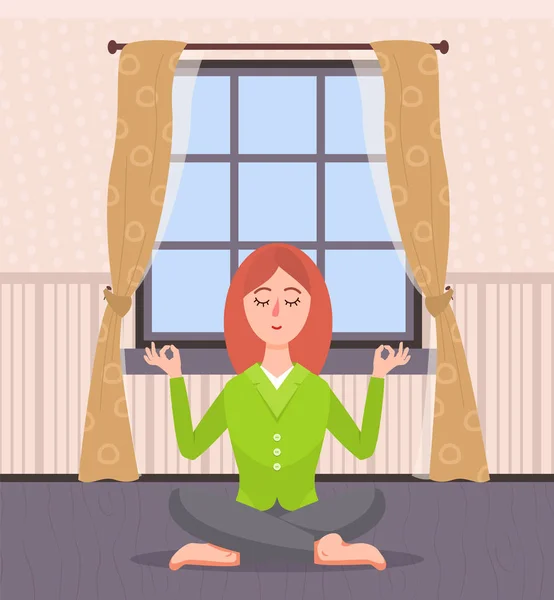 Evde Meditasyon Kadın, Odada Lady Yoga — Stok Vektör