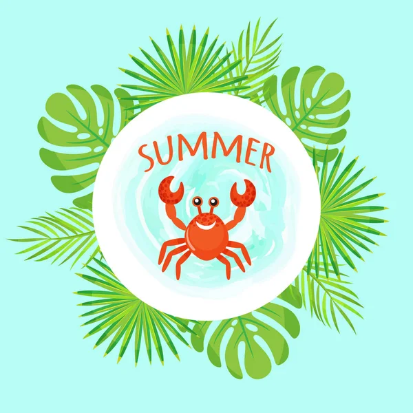 Літні канікули Краб і листя Тропічна рамка — стоковий вектор
