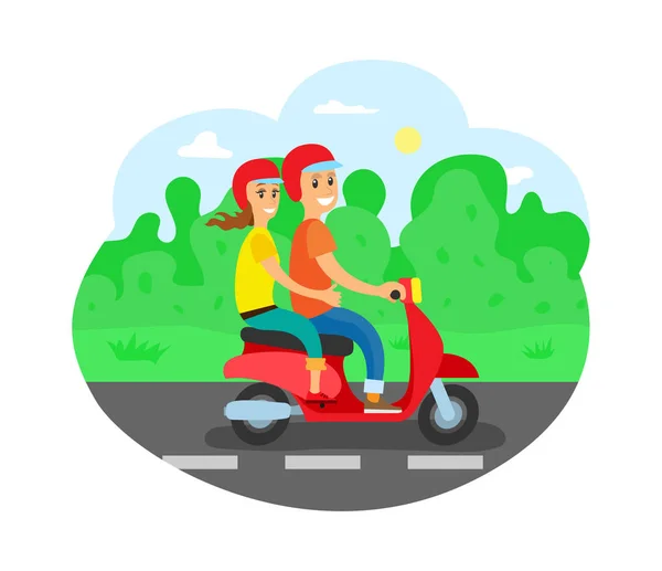 Para na motocyklu, Podróżujący w kaski, autostrady — Wektor stockowy
