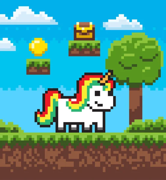 Gioco di pixel fiabesco, vettore supereroe unicorno — Vettoriale Stock