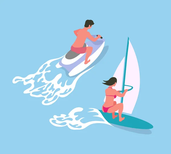 Windsurf y Water bike, Vector de actividad oceánica — Vector de stock