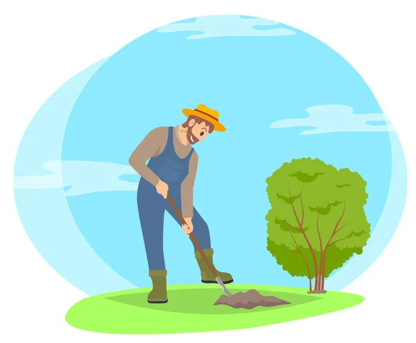 Αγρότης σκάψιμο έδαφος στον κήπο εικονίδιο κινουμένων σχεδίων. — Διανυσματικό Αρχείο