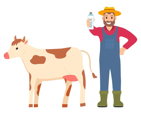 유기농 우유 제품 병을 보여주는 농업 남자 — 스톡 벡터