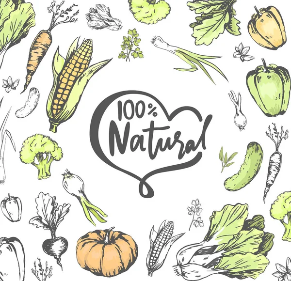 100 τοις εκατό φυσικό γεύμα, λαχανικά λαχανικά σετ — Διανυσματικό Αρχείο