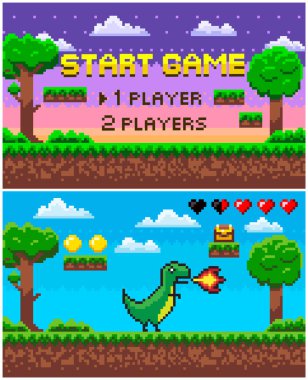 Start Game Dinosaur with Fire, Pixel Character clipart