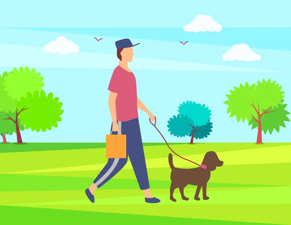 Muž chůze s mazlíčkem, zeleným parkem nebo lesem. Vektorové — Stockový vektor