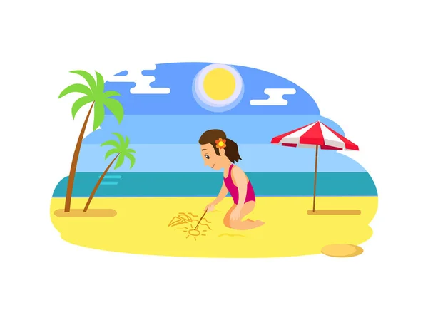 Child Drawing on Send, Beach and Ocean Vector — Stock Vector