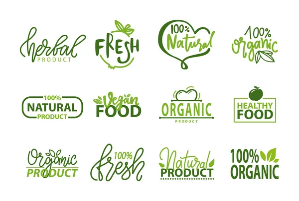 Producto natural, Comida vegana, Etiqueta engomada Vector — Vector de stock