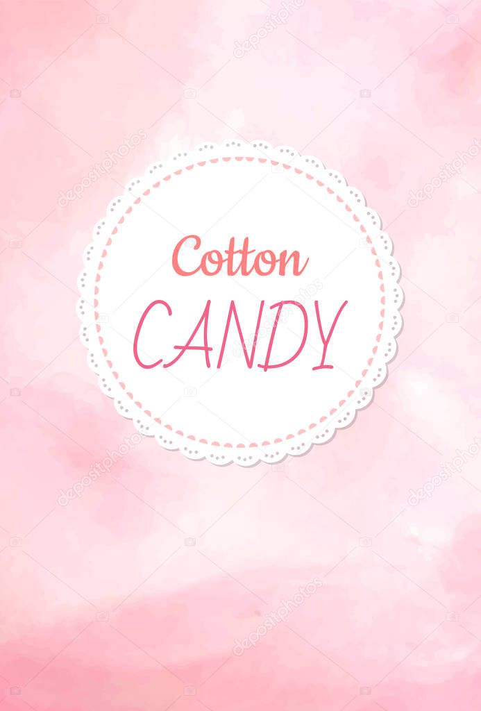 Cotton candy logo, fluffy candyfloss of pink color. Vector raspberry, cherry or strawberry taste confectionery made of sugar, candy background, summer trip for kids