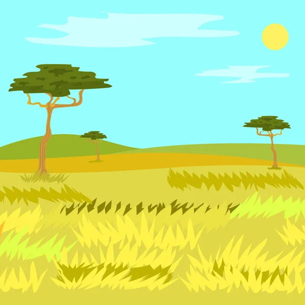 Vista panoramica della savana, dell'erba e del vettore degli alberi — Vettoriale Stock