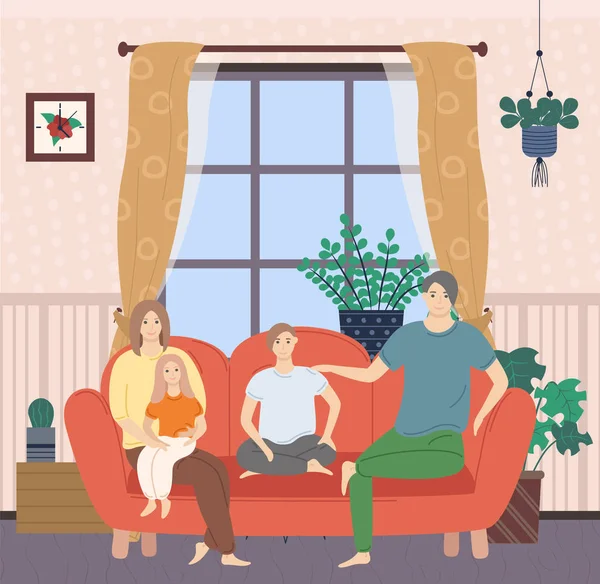 Pais e crianças sentados no sofá no quarto Vector —  Vetores de Stock