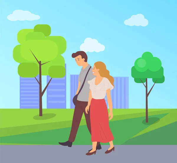 Чоловік і жінка ходять разом в зеленому міському парку — стоковий вектор