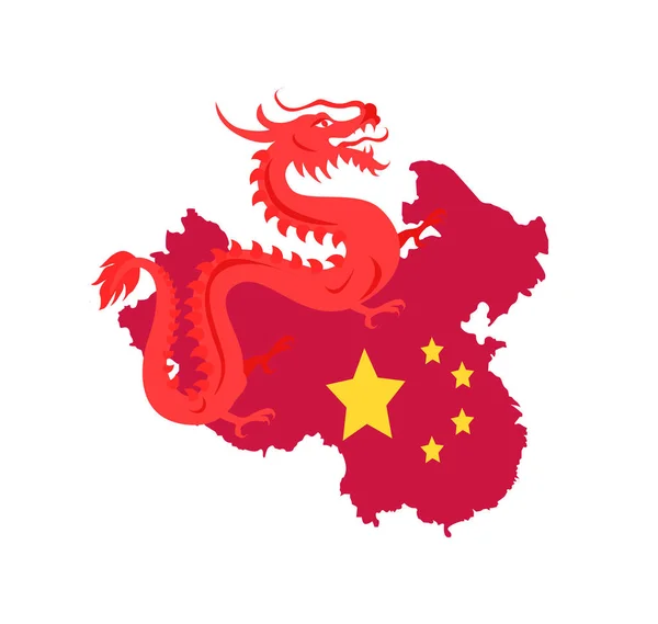 China Map with Borders and Flag, Dragon Creature — Stock Vector