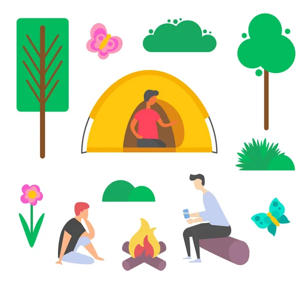 Picknick van mensen, vreugdevuur en tent, plant vector — Stockvector