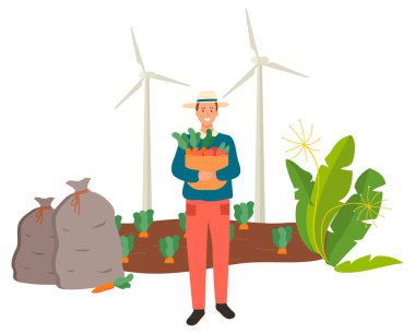 Sepet Vektörüzerinde Havuç Taşıyan Çiftçi Adam