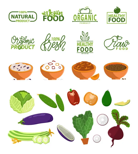 Produto natural, logotipo de refeição orgânica e conjunto de alimentos — Vetor de Stock