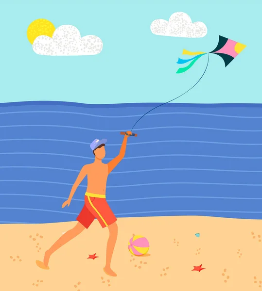 Man on Beach Having Fun with Kite. Vector Sand Sea — Stock Vector