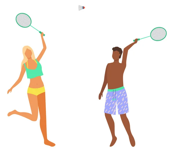 Homem e mulher de biquíni se divertir jogando badminton — Vetor de Stock
