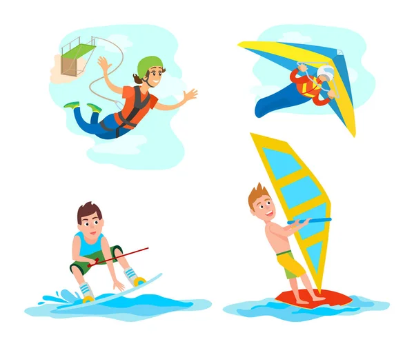 Water Fun Extreme Sports Set, Windsurf Gliding — Vetor de Stock