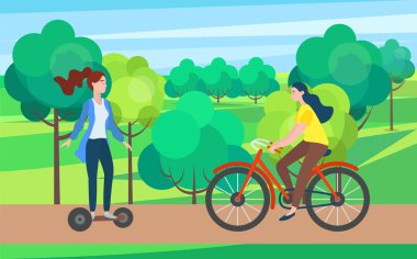 Segway'deki Kadınlar, Parkta Bisiklet, Eğlence Vektörü