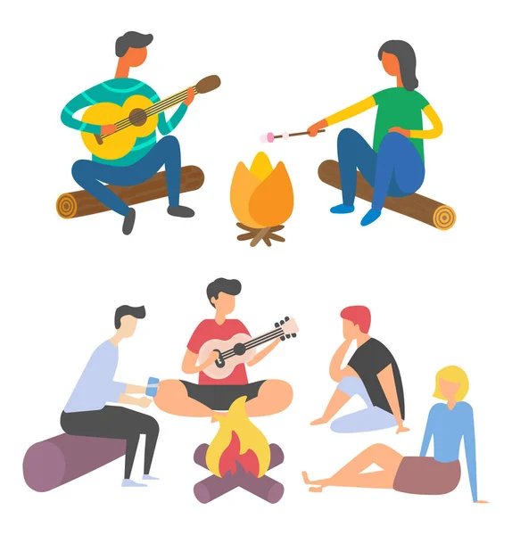 Amigos pasan tiempo y tocan la guitarra acústica — Vector de stock