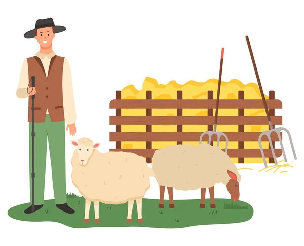 Agriculture Man Farming, Sheep Farm Farmer Vector - Stok Vektor