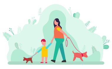 Kadın ve Oğlu Yaka Izole Köpeklerle Yürüyüş