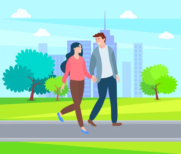 Couple Holds Hands Walking Outdoors, Cartoon Style — Stock Vector