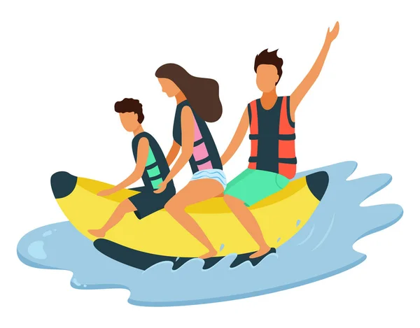 Glückliche Familie reitet auf aufblasbarer Banane auf dem Meer — Stockvektor